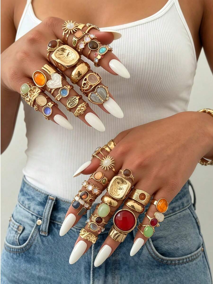 Set de 20/13/6 piezas de anillos vintage elegantes bohemios para mujer, joyería de dedo con gemas de colores irregulares y piedra de ojo de gato, para uso diario, fiesta, vacaciones y regalo - Dorado - Ver 1
