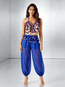 Professional Belly Dance Beaded Coin Fringe Halter Crop Top, Elastic Waist Dot Mesh Harem Pants For Dance Training, Cabaret Shows And Competitions - Multicolor - View 14