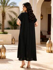 Heavy Gold Embroidery Arabic Women's Black Elegant Dress, JALABIA Gold Tassel Round Neck Short Sleeve Minimalist Style Dress, 2026 Summer Casual Wear - Black - View 12