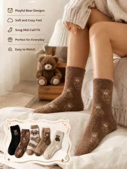 5 pares de calcetines de piso para mujer con patrón de oso de peluche multicolor, cómodos, gruesos y con forro térmico - Calcetines para mujer, calcetines cálidos, calcetines altos, calcetines lindos, otoño, invierno, Halloween, regalos de Navidad, invierno para mujer, conjunto de invierno para mujer, pijamas de invierno para mujer