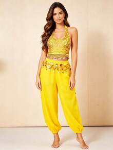 Professional Belly Dance Rhinestone Fringe Halter Crop Top, Elastic Waist Dot Mesh Harem Pants For Dance Training, Gala Shows And Competitions - Multicolor - View 14