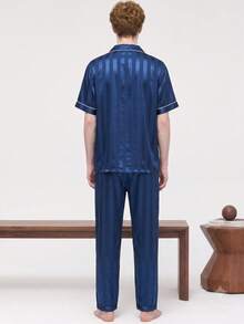 2pcs/Set Men's Pajamas Summer Short Sleeve Long Pants Satin Blue Striped Casual Comfortable Spring Autumn Wearable Fashion Home Loungewear Set - Blue - View 5