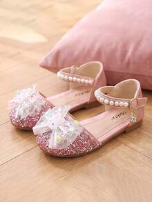 1 Pair Girls Pink Rhinestone Closed Toe Princess Sandals, Rabbit Colorful Beads Bow + Pearl Strap, Adjustable Gold Rhinestone Buckle, Non-Slip Thin Flat Sole, Breathable Lightweight Summer Shoes, Suitable For Toddlers.Kids Daily.Party.Wedding.Travel Wear - Pink - View 2