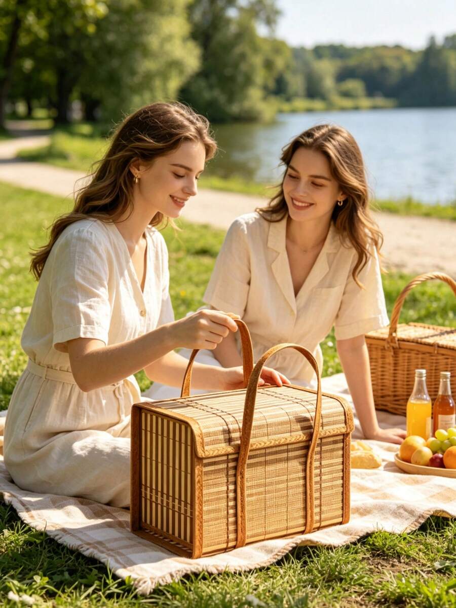 1pc Natural Bamboo Woven Picnic Basket Rectangular Storage Tote Box With Handles Rustic Cottage Organizer For Outdoor Camping Home Decor Portable Lightweight Waterproof - Khaki - View 1