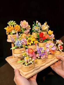 12pcs Micro Particle Flower Potted Building Blocks, Mini Particle Assembly, ABS Material, Suitable For Children 6+ Years Old, Develop Hands-On Ability, Can Be Desktop Decor, Window Display Collection, Holiday Small Gift, Gift Box Packaging - Multicolor - View 3