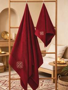 QIBHI 1/3件可選 純棉素色刺繡歐式毛巾 (40*75cm) 100%純棉毛圈浴巾 (70*140cm) 適用於浴室、飯店、健身房、旅行、禮品、學校、開學季、居家必需品、毛巾、桑拿浴巾、居家全棉吸水柔軟優雅極簡浴室浴巾 - 紅色 - 查看 2