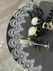 1pc Dual-Color Lace Mesh Tablecloth, European Style Polyester Fiber Oval Heat-Resistant Dust-Proof Lace Mesh Tablecloth, Suitable For Dining Table, Coffee Table, Daily Use, Party, Wedding And Holiday - White - View 3