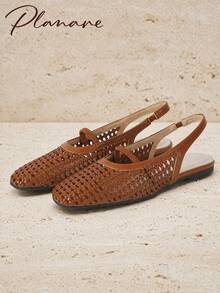 planare Sandal Wanita Model Baru Populer Musim Panas, Desain Minimalis Tenun Jaring Bernapas, Tali Belakang Model Slingback, Ujung Persegi, Tali Belakang, Warna Cokelat, Cocok untuk Perjalanan Sehari-hari - Coklat - View 1