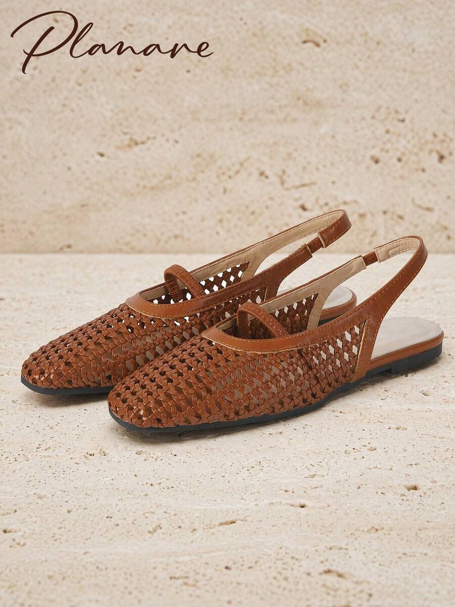 planare Sandal Wanita Model Baru Populer Musim Panas, Desain Minimalis Tenun Jaring Bernapas, Tali Belakang Model Slingback, Ujung Persegi, Tali Belakang, Warna Cokelat, Cocok untuk Perjalanan Sehari-hari - Coklat - View 1