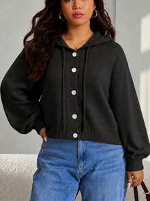 Cardigan con capucha de un solo pecho de unicolor para mujer talla grande negro otoño - Negro - Ver 3