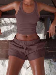 Unadoll Women Fall Brown Casual Sporty Two‑Piece Set, Ribbed Racerback Crop Tank & Drawstring Shorts For Back To School, Sports & Daily Wear - Brown - View 3