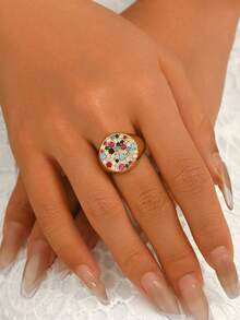 1pc European & American Dopamine Vintage Dual-Tone Solid Round Plate Mixed Color Zirconia Wide Band Ring, Women's Party Gift Daily Commute Accessory - Multicolor - View 5