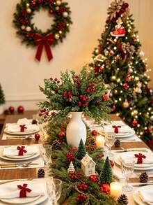 24pcs Christmas Artificial Pine Branches With Red Berry Stems, Faux Norfolk Pine Foliage Stems, DIY Wreath Home Decor, Artificial Winter Berry Plants, Suitable For Vases, Dining Tables, Holidays, Patios, Fireplaces, Weddings, Gardens, Farmhouse Style Room Decoration - Multicolor - View 5