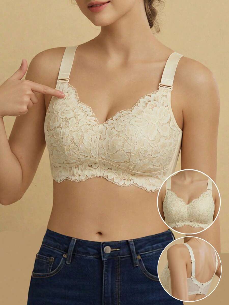女士舒适法式浪漫蕾丝内衣,轻薄面料,提升支撑,无钢圈可调节文胸 - 香檳色 - 查看 1