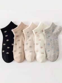 5 pares de calcetines cortos de barco de corte bajo con estampado floral vintage para mujeres, transpirables de malla fina hueca para primavera/verano, versátiles para niñas - Multicolor - Ver 6