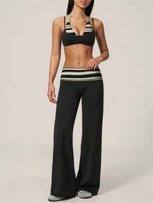 TimeOff Women's One Set Striped Spaghetti Strap Double Strap Bra With Folded Double Waist Wide Leg Pants Sports Set - Black - View 5