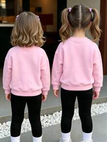 Young Girl Cartoon Print Round Neck Long Sleeve Top And Leggings - Pink - View 2