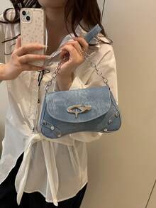 Fashion Solid Color Baguette Shoulder Bag, Metal Hardware Decoration, Metal Chain Strap, Suitable For Women Shopping, Dating, Gift And Daily Use - Blue - View 4