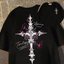 Vintage American High Street Unisex T-Shirt mit Hip-Hop-Kreuz-Print, lockeres Kurzarm, lässiges Sommer-Oberteil für Damen und Herren, Streetwear-Look - Schwarz - Übersicht 1