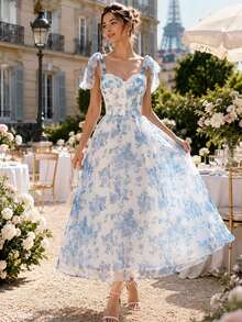 Women's Blue Floral Print Bow Tie Shoulder Mid-Length Dress, Sweetheart Neckline, Cinched Waist, Flared Skirt, Summer Autumn Garden Party, Wedding Guest, Holiday Vacation - Blue - View 7