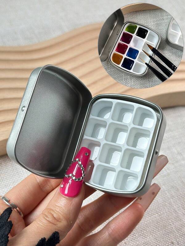 10 piezas/1 pieza Paleta portátil mini para arte de uñas, caja de metal con tapa abatible, paleta de mezcla de colores de gel para uñas, caja de almacenamiento compacta de 12 rejillas para esmalte de uñas