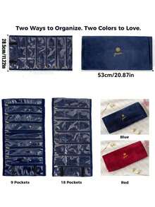 1pc Durable Portable Velvet Jewelry Roll, Gold Zipper Reinforced Closure, Soft Velvet Exterior, Transparent Design. Available In 9-Slot And 18-Slot Options, Perfect For Organizing Earrings, Necklaces, Bracelets And Bangles. Portable Travel Storage Bag, Suitable For Travel, Birthday, Holiday, Anniversary Or Special Occasions, Store And Organize, Quality And Daily Elegance For Women, Perfect Gift For Mother, Girlfriend - Multicolor - View 5