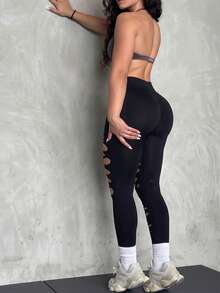 Distressed Long Pants, Tight Yoga Pants, Waist Shaping And Hip Lifting - Black - View 5