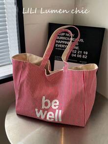 Minimalist Red & White Striped Fabric Tote Bag, Large Capacity Open Canvas Bag, Suitable For Travel, Shopping And Beach Outings - Red - View 8