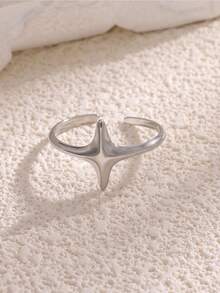 1Pc Smooth Cross Star Open Rings, 18K Gold Plated Stainless Steel Ring, Minimalist Women Jewelry For Daily Holiday Gift - Multicolor - View 7