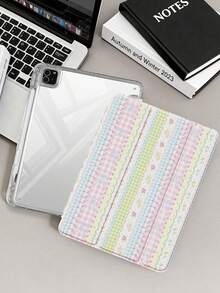 粉綠格紋花卉拼接平板保護殼，相容 iPad Mini6/Mini7/Air/Air2/9.7/10.2/10.5/10.9 (Air4-Air8)/Pro 11/10th Gen/A16/Pro 11 2024 機型，彩繪圖案平板套，透明壓克力背殼，三折支架，睡眠/喚醒，內置筆槽，不含筆，部分機型附相機框 - 彩色 - 查看 5