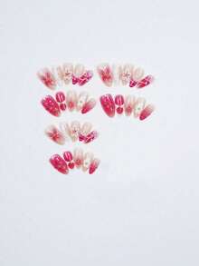 10pcs Ocean Style Press-On Nails, Almond Shaped Fake Nails, 3D Starfish Shell Flower Design, Pearl Gold Decoration, Glossy Full Coverage Artificial Nails, Suitable For Women Girls Summer Vacation Beach Daily Wear - Hot Pink - View 3