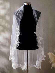 1pc Lace Floral Trim Fingertip Length Bridal Veil, White Soft Tulle With Hair Comb, Wedding Pre-Wedding Party Registration Ceremony Bridal Accessory - Multicolor - View 9
