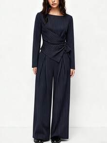 Women's Tie Waist Casual Striped Set, Office Professional Loose Minimalist Autumn Striped Two Pieces Outfit - Navy Blue - View 6