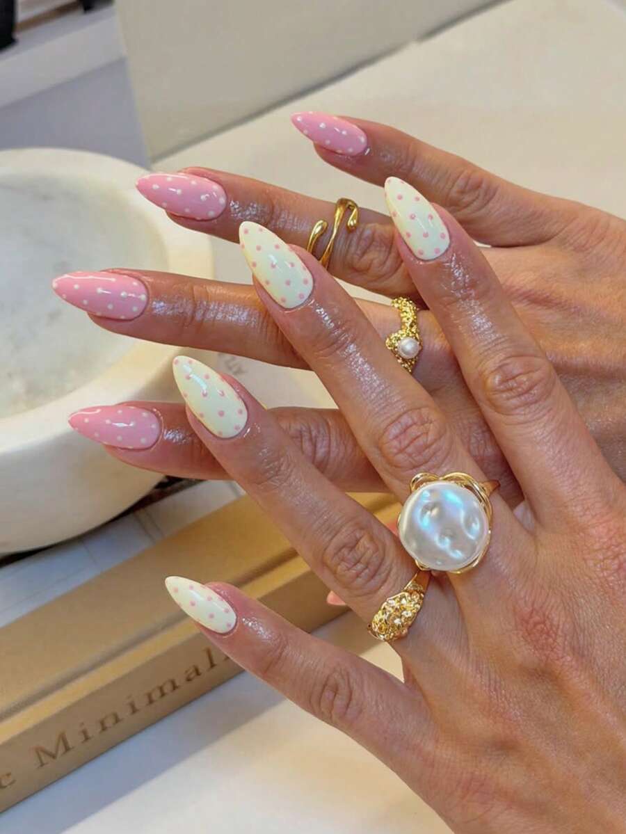 30pcs Long Almond Shaped Polka Dot French Nail Tips Set, Includes 1 Double-Sided Adhesive Tape And 1 Nail File, Polka Dot Nails Suitable For Party, Dance And Daily Use - Multicolor - View 1