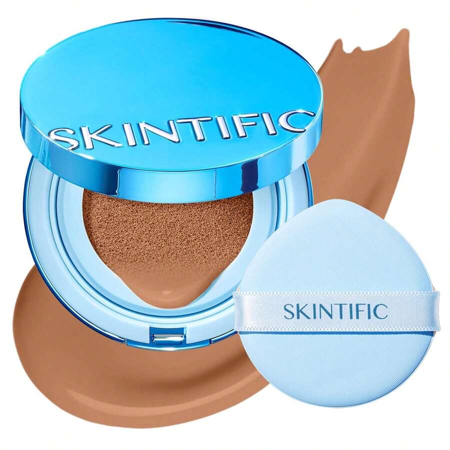 SKINTIFIC 藍色絲絨霧面氣墊粉底，全遮瑕，12小時控油，適合油性與混合肌膚，防水，持久，輕盈，保濕，不暈染