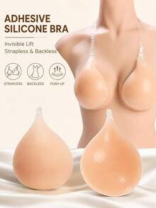 1pc Silicone Spoon-Shaped Breast Lift Tape With Shoulder Strap, Anti-Slip, Anti-Sagging, Pushing Up And Enhancing Cleavage, Designed For Strapless Dresses, Evening Gown - Apricot - View 1
