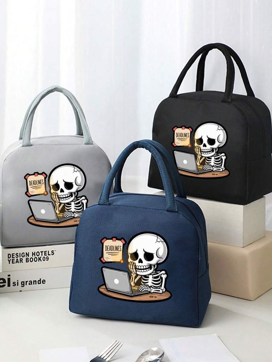 1 Pc, Creative Skeleton Pattern Printed Handbag, Large Capacity Handheld Lunch Box Bag, Suitable For Office Workers And Travel - one-size - View 1
