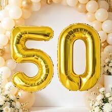 2pcs Gold Number 50 Foil Balloons, Large Number 50 Polyester Film Balloons, 50th Birthday Party Decorations, 50th Anniversary Photo Backdrop Supplies For Boys And Girls, Birthday Wedding Anniversary Celebration Metallic Gold Number Balloons - Gold - View 3