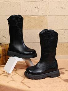 Basic Western Style Tall Riding Boots, V-Shaped Shaft, Non-Slip Thick Sole, Warm Autumn/Winter Fashion Boots For Girls - Black - View 3