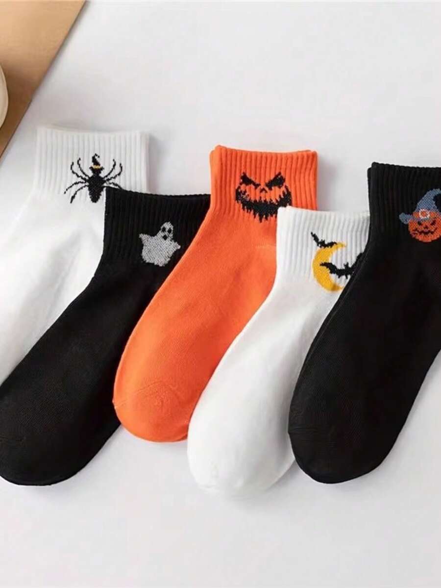 5 Pairs Random Halloween Cartoon Socks, Men's Personalized Funny Couple Casual Socks, Comfortable Stylish Socks For Men And Women - Multicolor - View 1