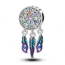 1pc S925 Sterling Silver Dreamcatcher Tassel Bead, Original Star Moon Heart Butterfly Hollow Pattern, Paired With Gradient Colorful Glazed Feathers And Colorful Zirconia, Romantic Bohemian Style, Suitable For Bracelet Necklace, Handmade DIY Jewelry Making Accessories, Symbolizing Protection Of Beautiful Dreams - Multicolor - View 13