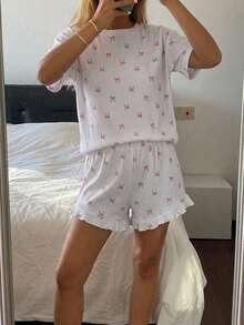 DAZY 两件套女士休闲睡衣套装，可爱蝴蝶结印花上衣，轻盈透气家居服套装，夏季 - 白色 - 查看 3