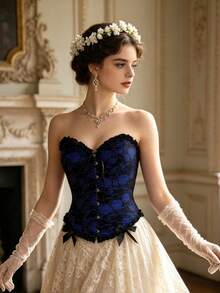 Black Navy Floral Lace Bandeau Corset Top, Summer Versatile Layering Piece, Suitable For Casual Streetwear - Blue - View 6