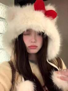 Women's Cute Bow Plush Winter Hat, Soft Fuzzy Ear-Flap Knit Cap, Warm And Comfortable, Suitable For Daily Wear, Outdoor Travel, Autumn/Winter Style - Multicolor - View 1
