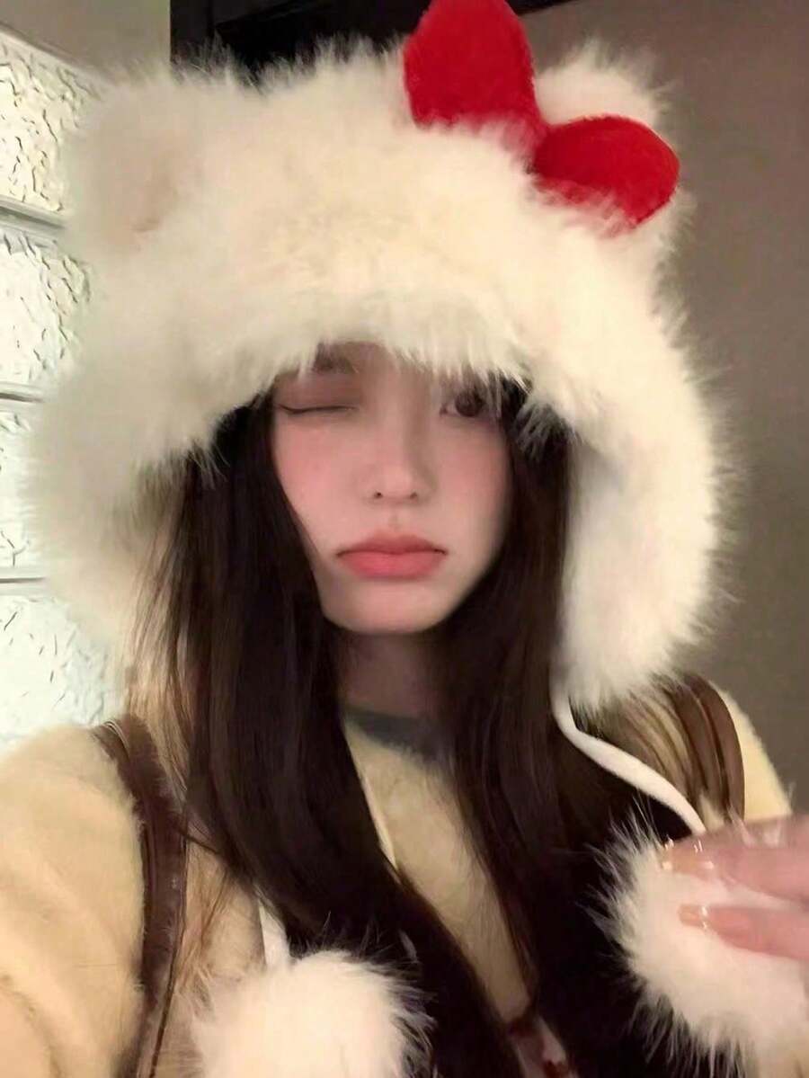 Women's Cute Bow Plush Winter Hat, Soft Fuzzy Ear-Flap Knit Cap, Warm And Comfortable, Suitable For Daily Wear, Outdoor Travel, Autumn/Winter Style - Multicolor - View 1