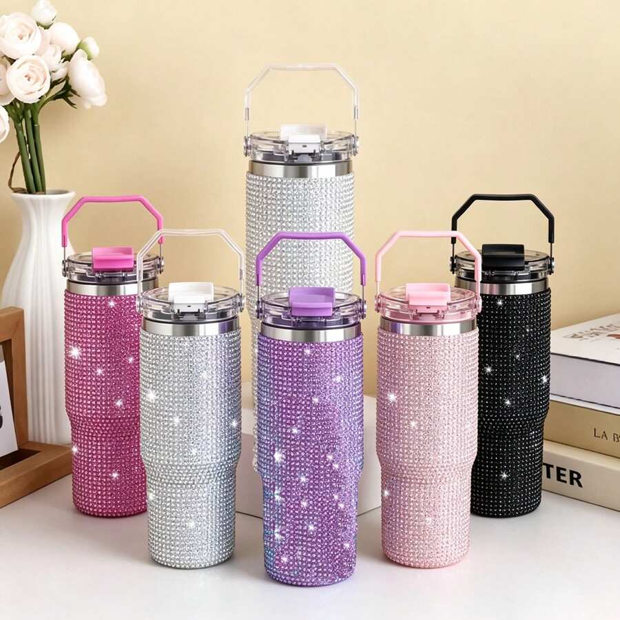 Full Bling Rhinestone Tumbler With Portable Carry Handle, Flip Straw Lid Stainless Steel Vacuum Insulated Sparkly Travel Iced Coffee Water Mug - 30oz Handheld Diamond Cup (Purple) - View 1