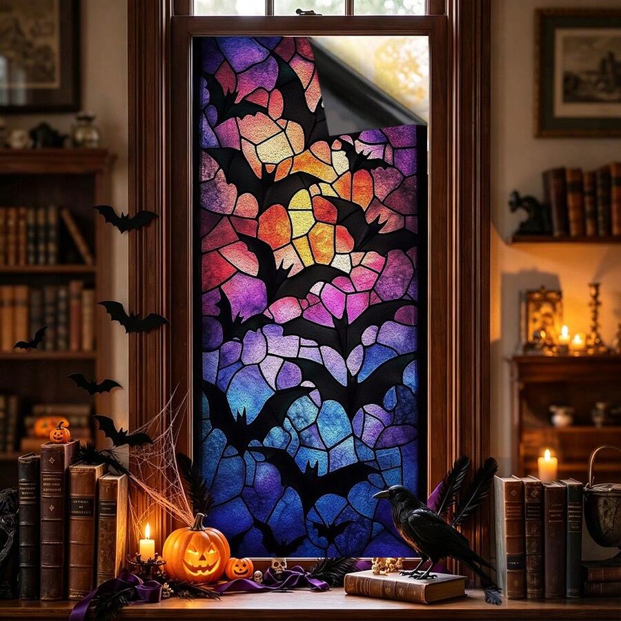 1pc Halloween Bat, Spider, And Ghost Privacy Window Film, Reusable PVC Electrostatic Adsorption Window Film, Suitable For Bathrooms, Bedrooms, Kitchens, And Home Decor. - Multicolor - View 1