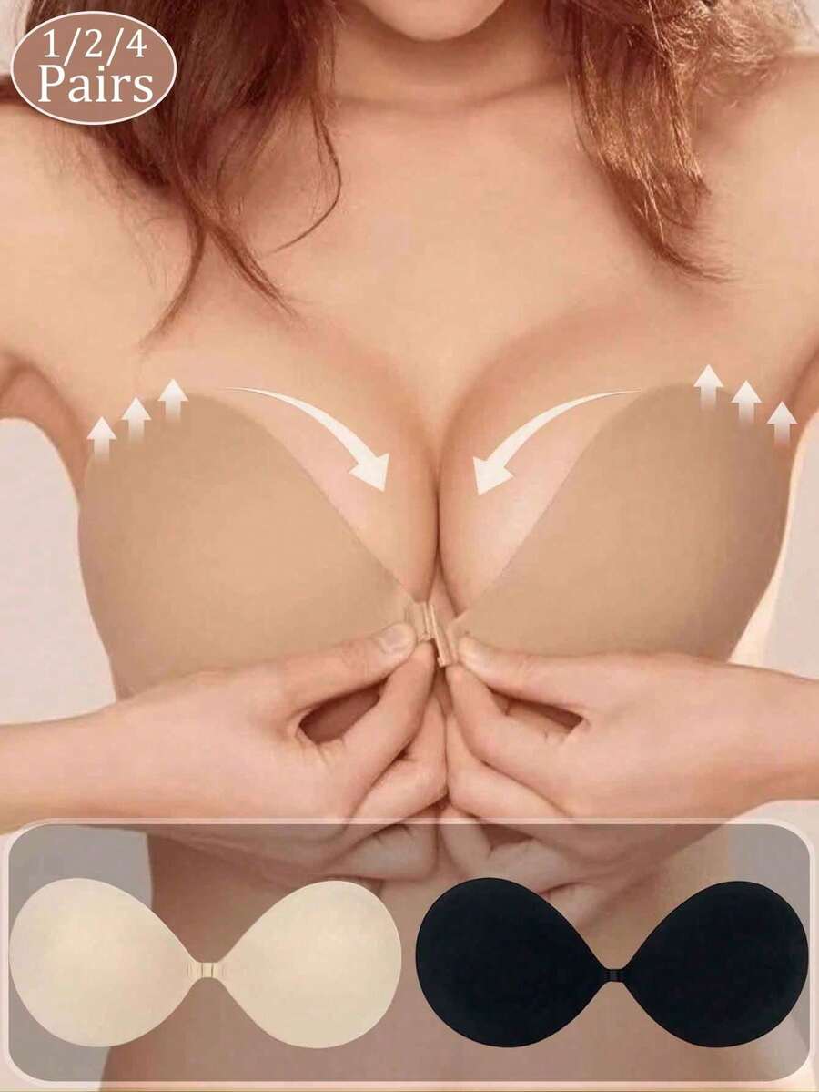 1/2/4pcs Reusable Front-Clasp Silicone Adhesive Bra, Invisible Strapless Underwear, Suitable For Summer Spaghetti Strap Tops, Wedding Evening Dresses - Multicolor - View 1