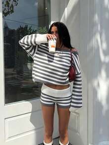 Women Gray&White Knit 2-Piece Set Asymmetrical Shoulder Loose Sweater Knit Shorts Fall Daily Home Wear Short Trips Photogenic Matching Sweater Outfit - Grey - View 6