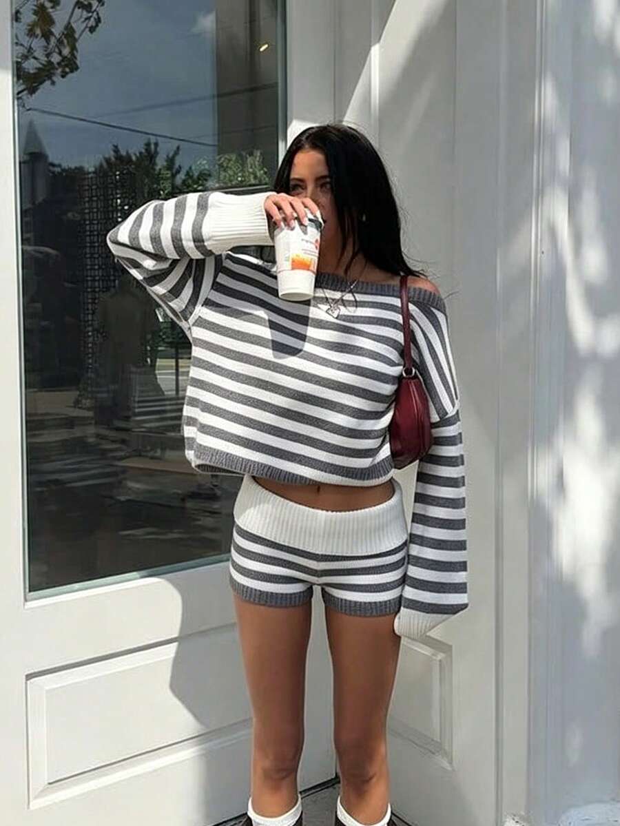 Women Gray&White Knit 2-Piece Set Asymmetrical Shoulder Loose Sweater Knit Shorts Fall Daily Home Wear Short Trips Photogenic Matching Sweater Outfit - Grey - View 1